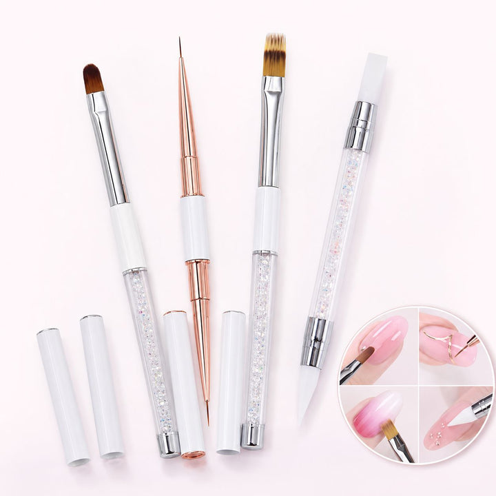 Set of four nail art tools featuring oval, liner and ombré gel brushes plus a silicone tool, shown with pink manicure examples.