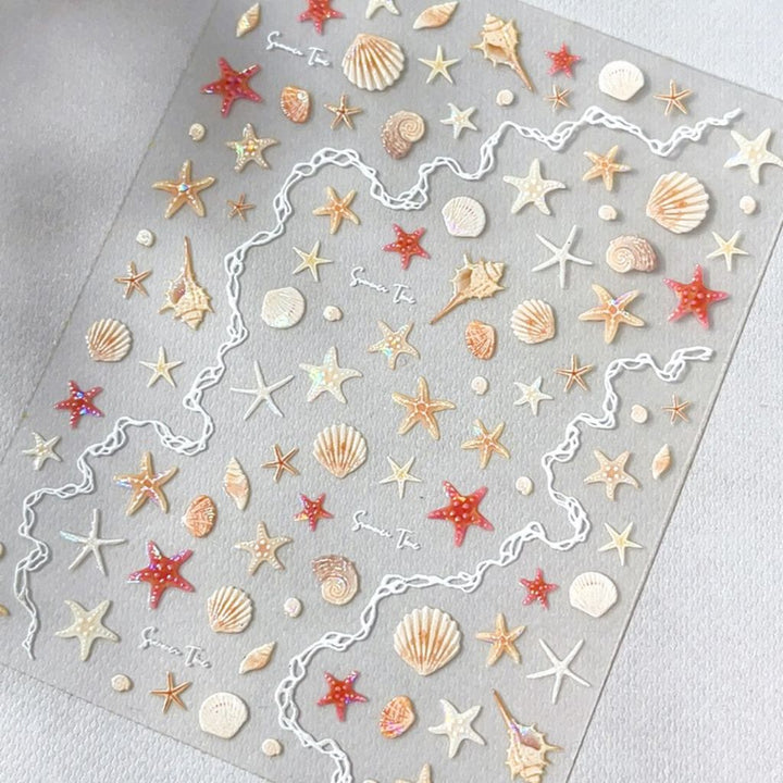 5D shell and starfish nail art stickers with gold seashell and coral beach designs, NSI Australia