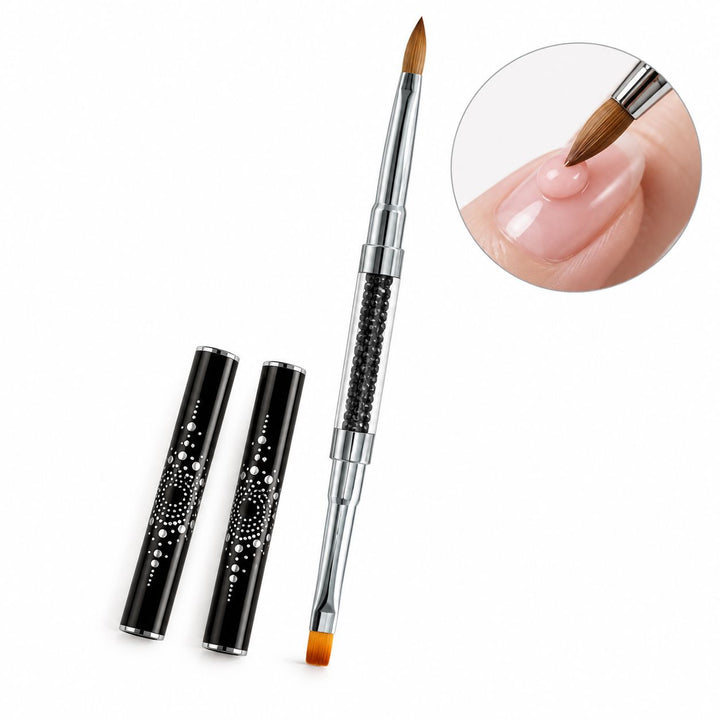 Size 6 double-ended acrylic and gel nail brush with pointed and flat tips, black crystal-filled handle and two patterned caps.