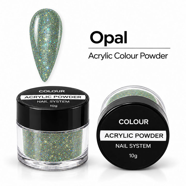 Opal Acrylic Colour Powder nail system, iridescent glitter powder.