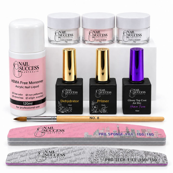 Nail Success Australia Acrylic Student Kit with HEMA-free monomer, three powders, dehydrator, primer, air-dry top coat, No. 8 brush and two files.