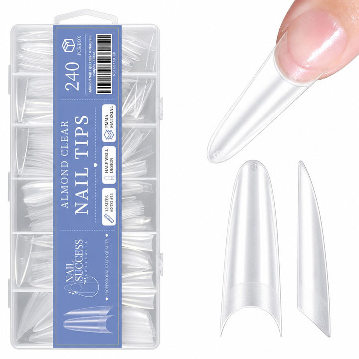 Almond Nail Tips Clear 240pcs box by Nail Success Australia with clear almond tips on white background