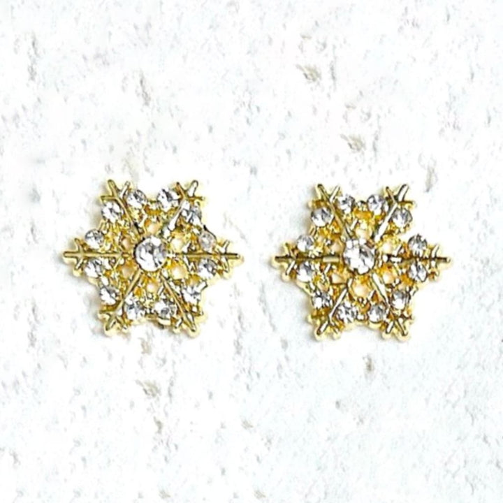 Gold rhinestone snowflake nail charms 2pcs 13x11mm for Christmas 3D nail art and festive salon manicure designs