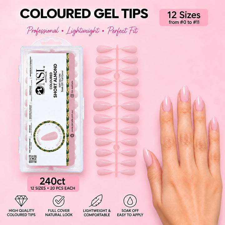 NSI coloured gel tips, Short Almond Perfect Pink, 240ct box with 12 sizes from 0 to 11