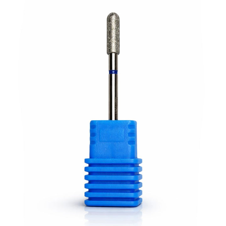 Diamond cylinder barrel nail drill bit with rounded top in a blue holder