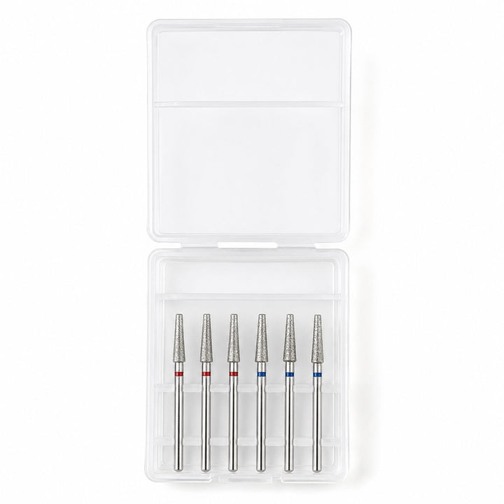 Six-piece tapered cone diamond nail drill bit set with fine and medium grits in a clear storage case.