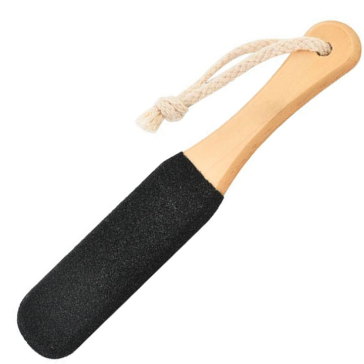 Wooden-handled double-sided foot file with hanging rope — black coarse grit callus remover (NSI Australia)