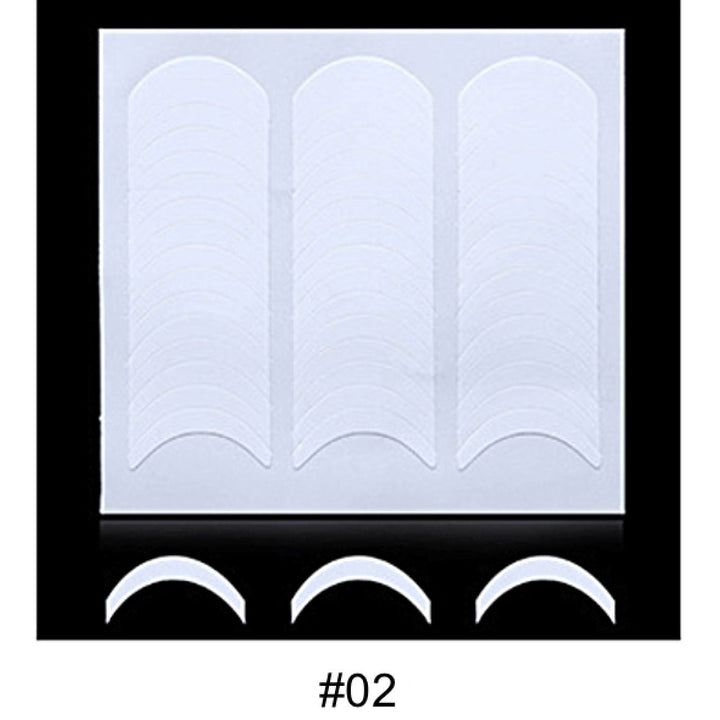 French tip nail guide stickers sheet with three columns of curved white guide strips and three sample strips below on a black background, labeled #02