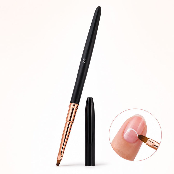 Size 02 black and rose gold gel nail brush with protective cap, shown painting a white curved line on a natural nail.