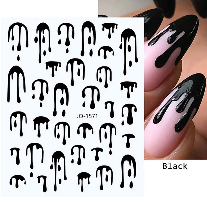 NSI Australia Halloween nail stickers—black dripping design, JO-1571; glossy drip decals shown on almond nails
