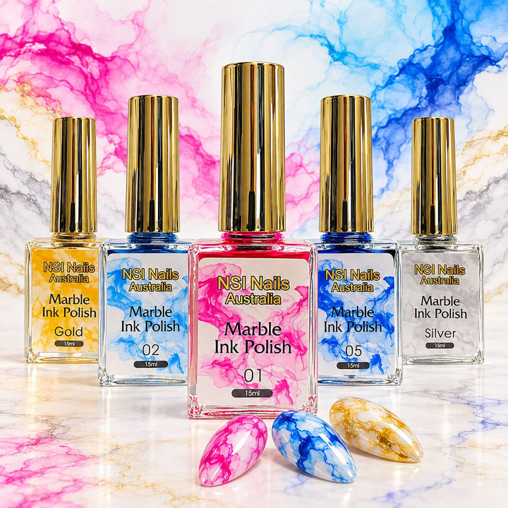 NSI Marble Ink Polish nail art watercolour, five 15ml bottles on a colourful marbled background