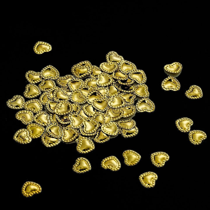 Gold heart nail art charms – 3D metal flatback studs with beaded edge for manicures, NSI Australia