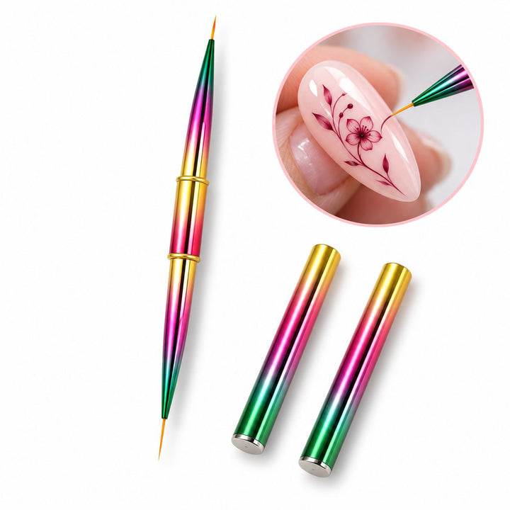 Double ended nail art liner brush with rainbow handle and protective lids, shown painting a fine floral design