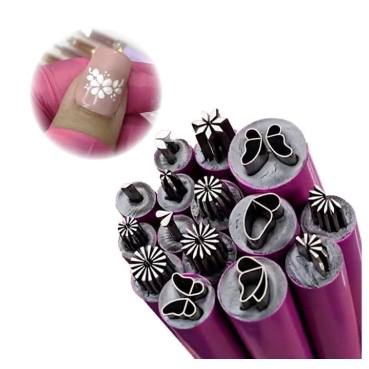 15 piece nail art pattern design metal tool set with flower, butterfly and leaf tips