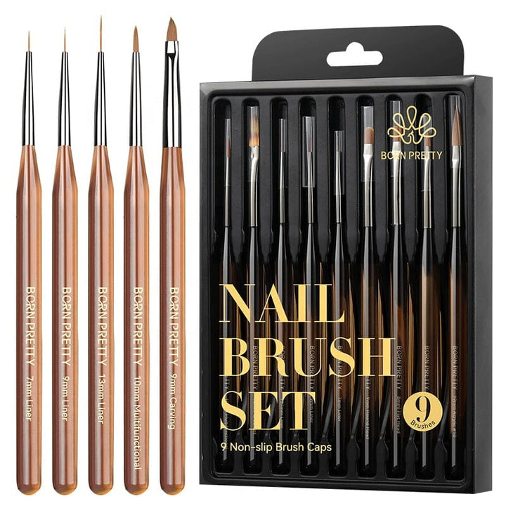 Born Pretty nail brush set 9pcs with liner and carving brushes, nail art brush kit in black gift box