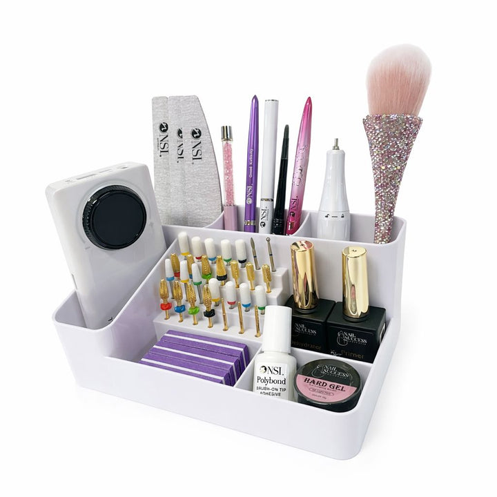 NSI Australia nail tech desk organiser with multi-compartment storage for files, drill bits, brushes and gel bottles