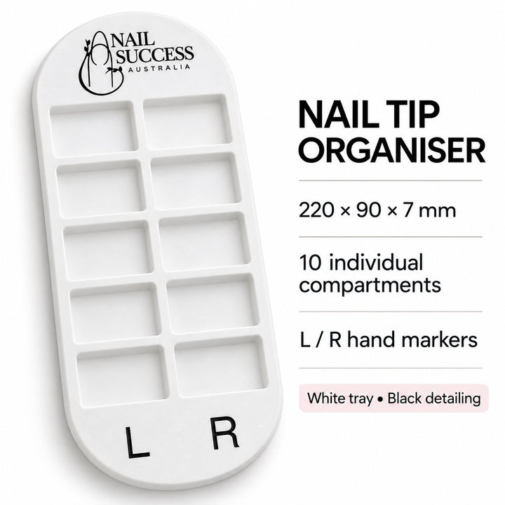 White Nail Success Australia nail tip organiser tray with 10 compartments, black logo and L/R markers, measuring 220 × 90 × 7 mm.