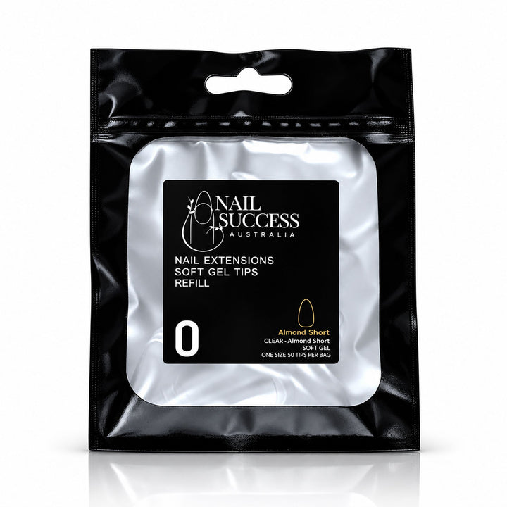 Nail Success Australia Almond Short soft gel tips refill pouch, size 0, 50 clear tips per bag