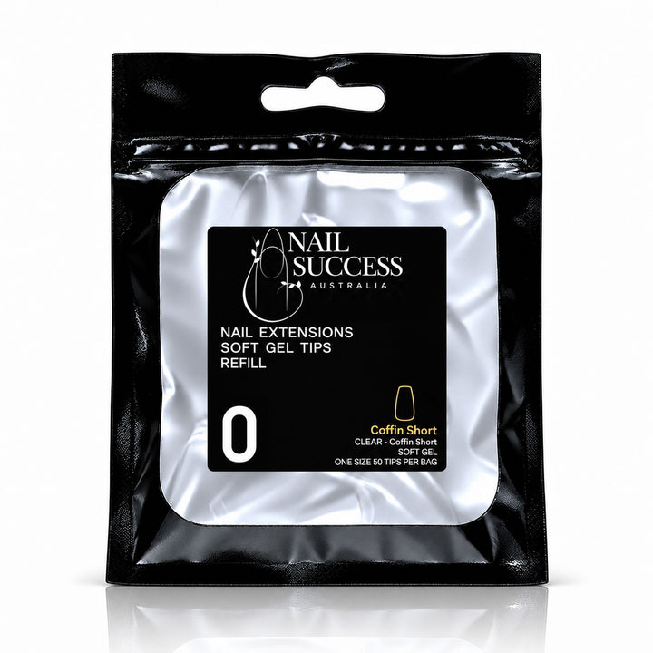 Nail Success Australia Coffin Short soft gel tips refill pouch, size 0, 50 clear tips per bag