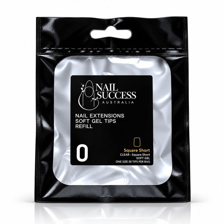 Nail Success Australia Square Short soft gel tips refill pouch, size 0, 50 clear tips per bag