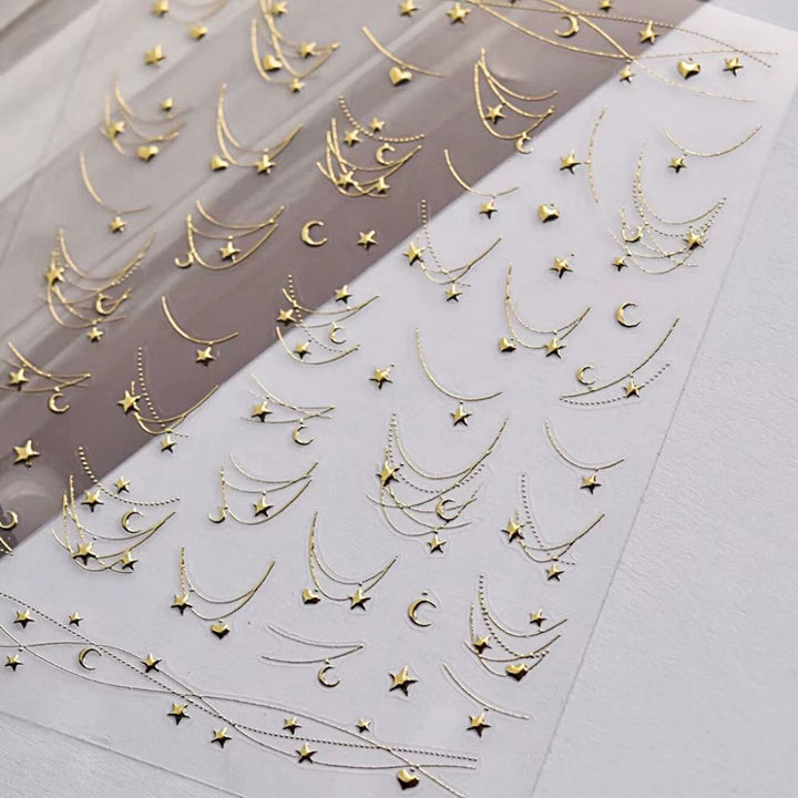 Gold Star Moon and Heart Nail Art Sticker sheet with delicate chain detail designs for manicure decoration