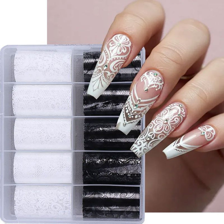 White & black lace nail transfer foil set (10 rolls) in storage box – floral lace nail art foil for French tip and gel polish designs