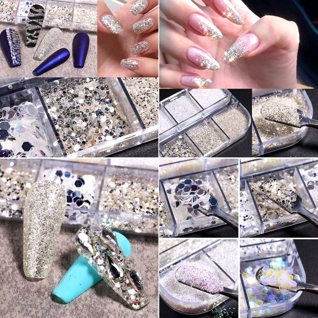 Silver Glitter Flakes and Holographic Sequins Nail Art Tray - NSI Australia