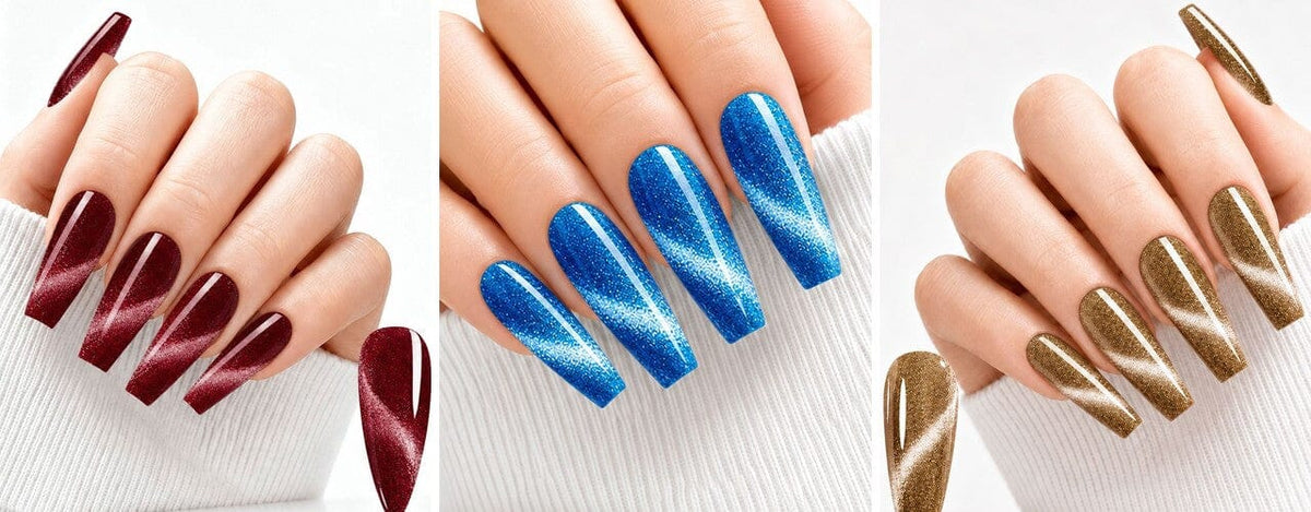 Cat eye nails in crimson, electric blue and gold magnetic gel polish