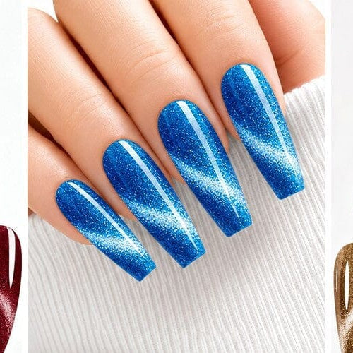 Cat eye nails in crimson, electric blue and gold magnetic gel polish