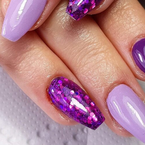 Coffin nails in deep purple, lilac and purple holographic glitter