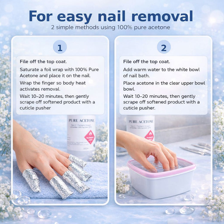 How to remove gel or acrylic nails with 100% pure acetone—foil wrap method and nail bath soak instructions