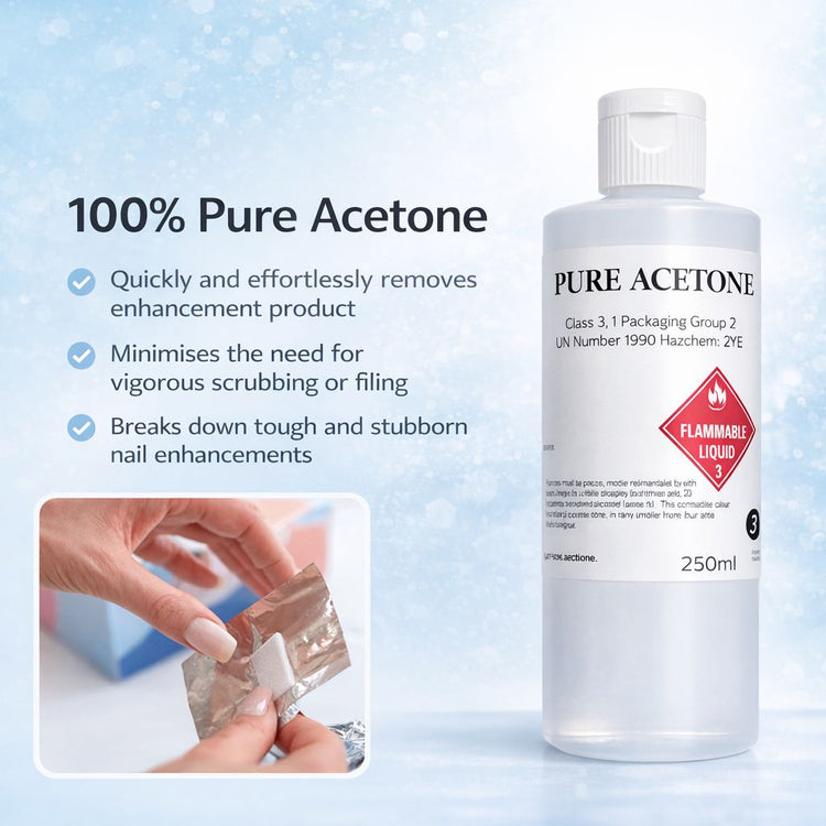 100% pure acetone 250ml—quickly removes acrylic and gel nail enhancements and reduces filing