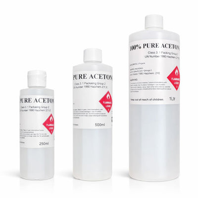 100% pure acetone bottles in 250ml, 500ml and 1 litre sizes for nail polish removal and acrylic soak-off