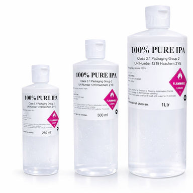 100% pure IPA isopropyl alcohol bottles in 250ml, 500ml and 1 litre sizes