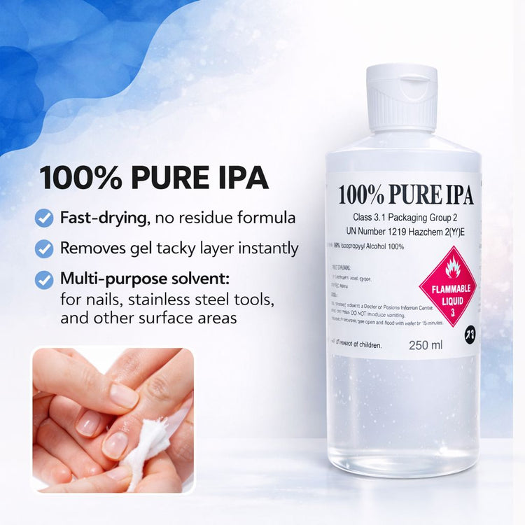 100% pure IPA isopropyl alcohol 250ml—fast-drying cleanser that removes gel tacky layer and sanitises tools