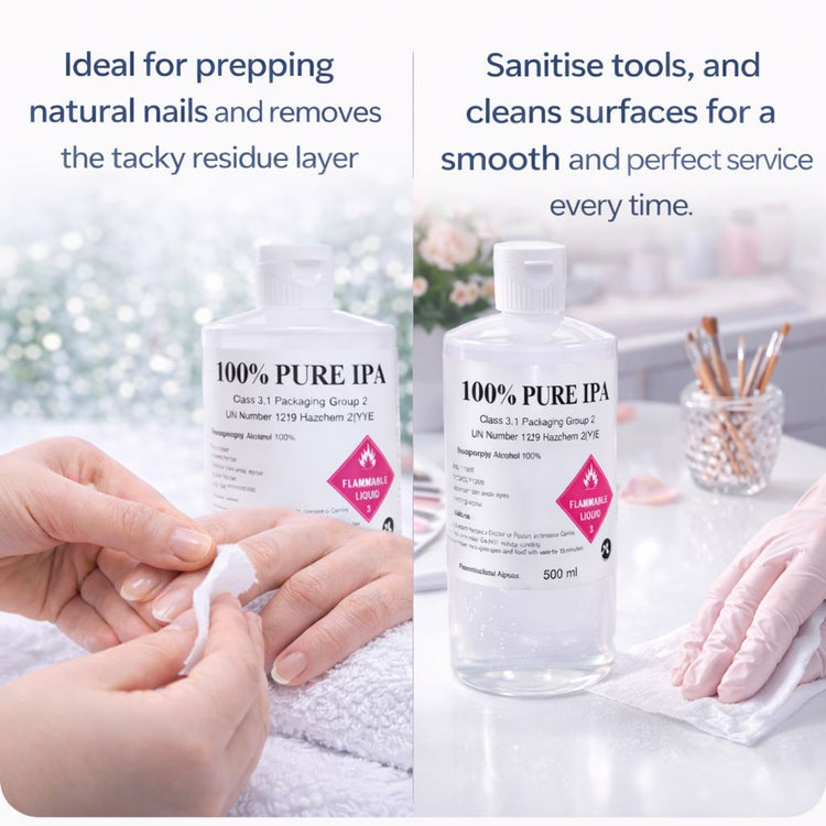 100% pure IPA isopropyl alcohol for nail prep—removes tacky residue and sanitises tools and surfaces