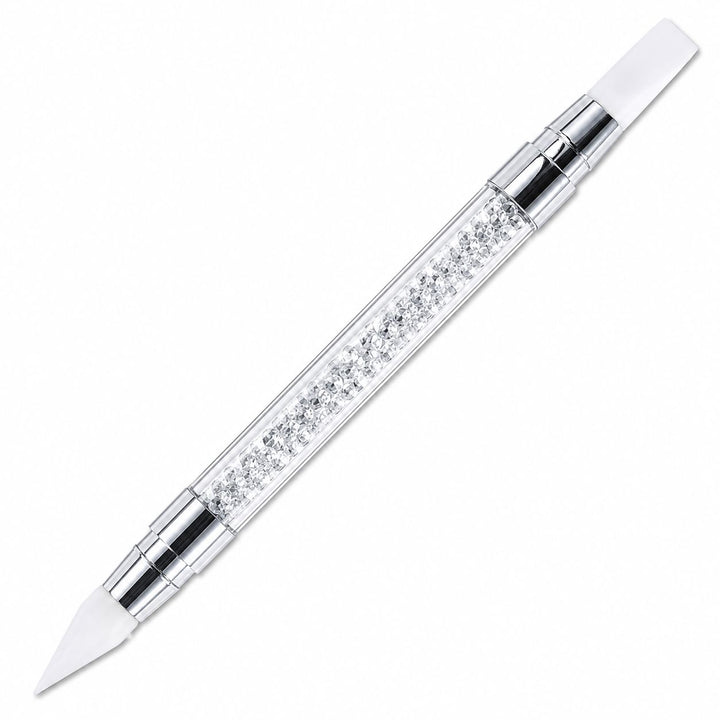 White double-ended silicone nail art pen with pointed and angled tips and a crystal-filled handle