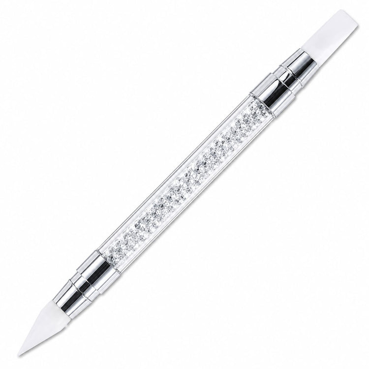 White double-ended silicone nail art pen with pointed and angled tips and a crystal-filled handle