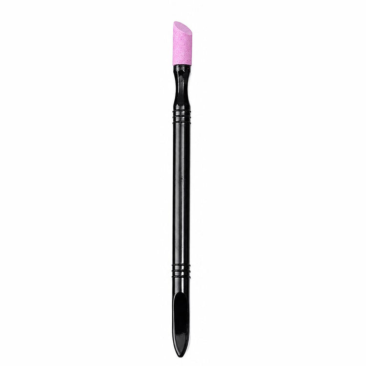 2-way stone cuticle remover and nail pusher tool with pink angled ceramic tip and black handle for manicure nail prep