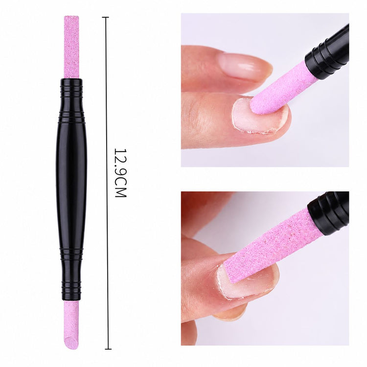 Double-ended pink stone cuticle remover and nail file tool with black handle, 12.9cm manicure nail prep tool