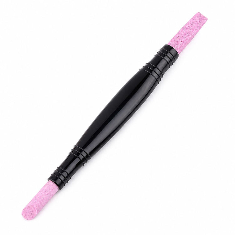 Double-ended pink stone cuticle remover and nail file tool with black handle for manicure nail prep and cuticle care