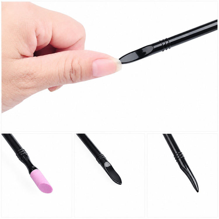 2-way stone cuticle remover and nail pusher tool with pink ceramic tip and black precision pusher for manicure nail prep