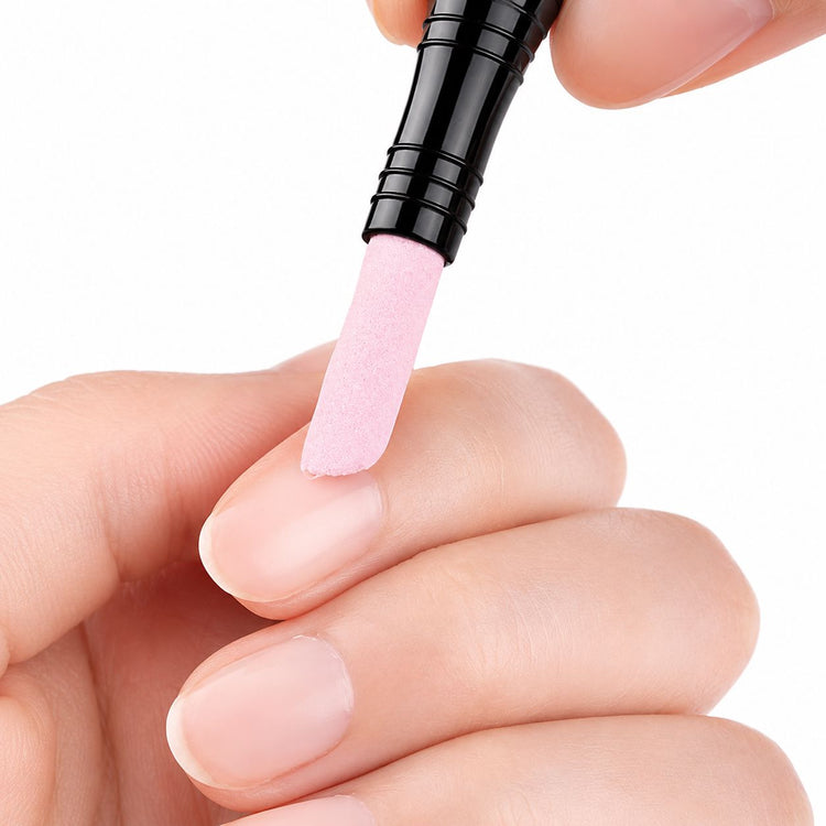 Pink stone cuticle remover tool gently cleaning nail cuticles for smooth manicure prep and tidy natural nails