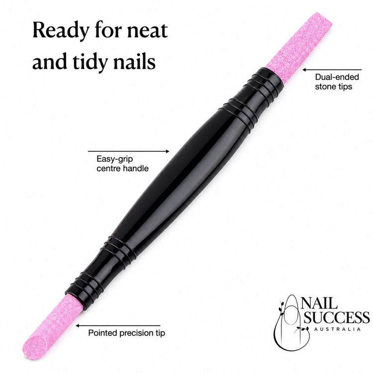 Nail Success Australia dual-ended pink stone cuticle remover with easy-grip black handle and pointed precision tip for neat tidy nails
