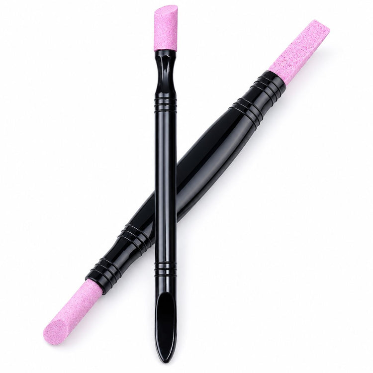 2-way pink stone cuticle remover and nail pusher tools with black handles for manicure prep and cuticle care