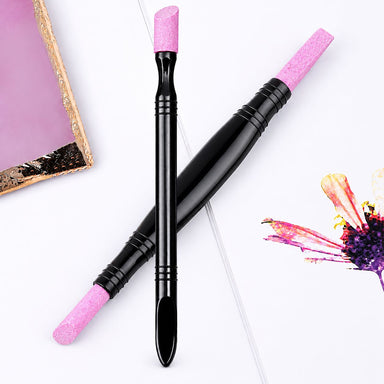 2-way stone cuticle remover and nail pusher tools with pink ceramic tips and black handles for manicure nail care