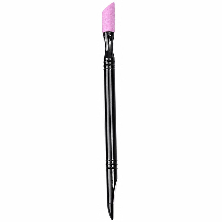 2-way stone cuticle remover and nail pusher tool with pink ceramic tip and black handle for manicure nail care