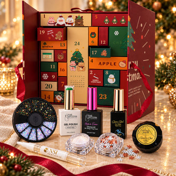Joy Edition nail advent calendar 2026 by NSI Australia: the 24-door Christmas box with some of the gels, chrome and nail art inside