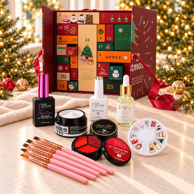 Luxe Edition nail advent calendar 2026 by NSI Australia: the 24-door Christmas box with some of the builder gels, brushes and charms inside