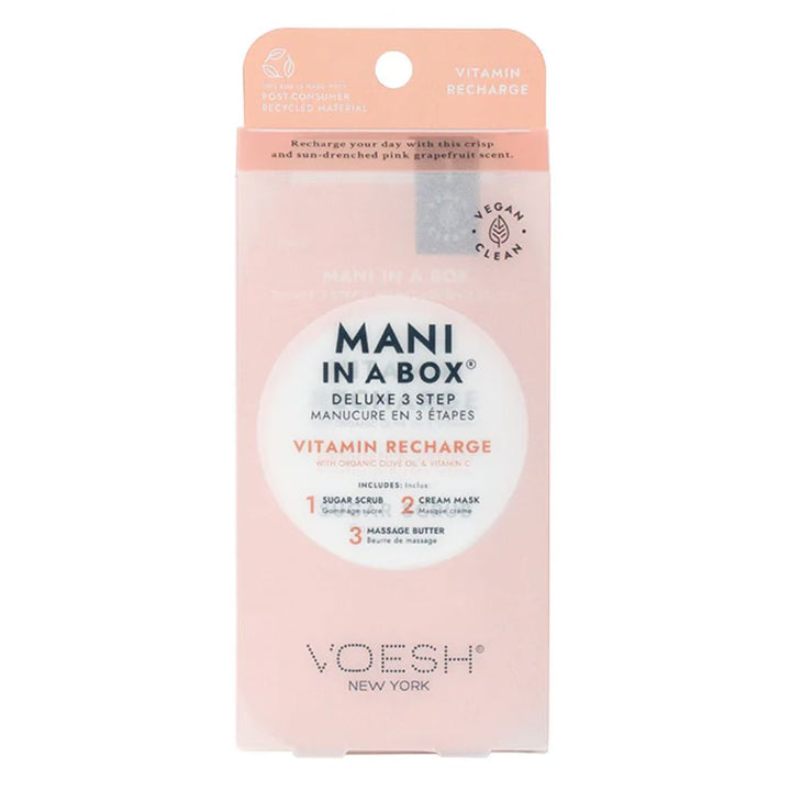 Voesh Mani in a Box Deluxe 3 Step Vitamin Recharge manicure kit with organic olive oil and vitamin C